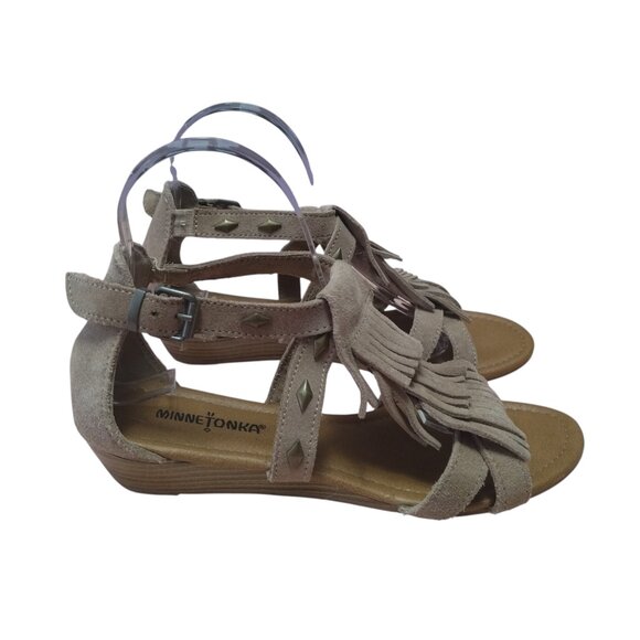 Minnetonka Women's 8 Taupe Suede Merriam Fringe Studded Wedge Strappy Sandals - Picture 5 of 8